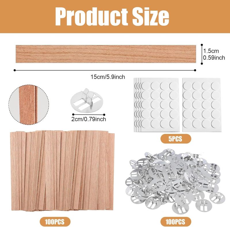 Candle Wicks, 100 Pcs Wood Wicks Candle with Stand and Glue Dot, 15 x 150mm Wood