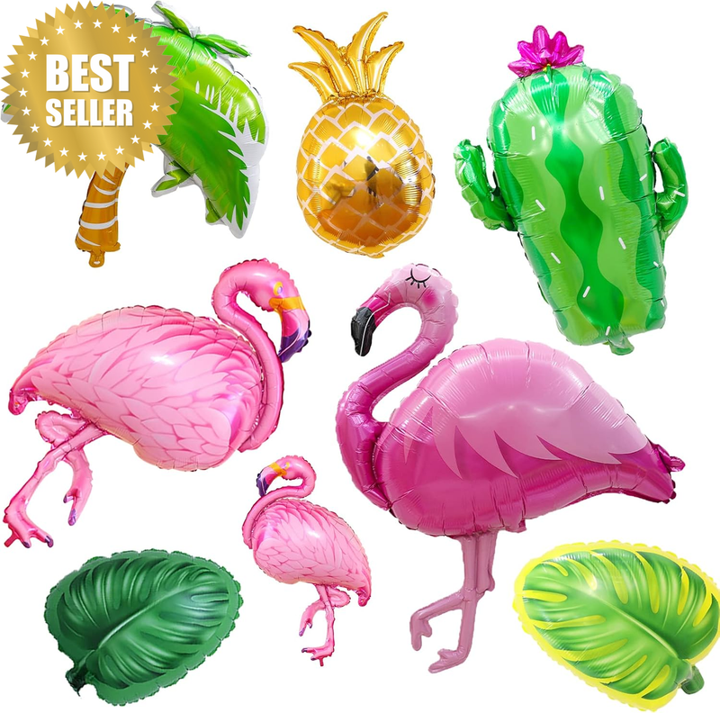 8Pcs Large Hawaii Flamingo Foil Balloons, Tropical Pineapple Cactus Balloon