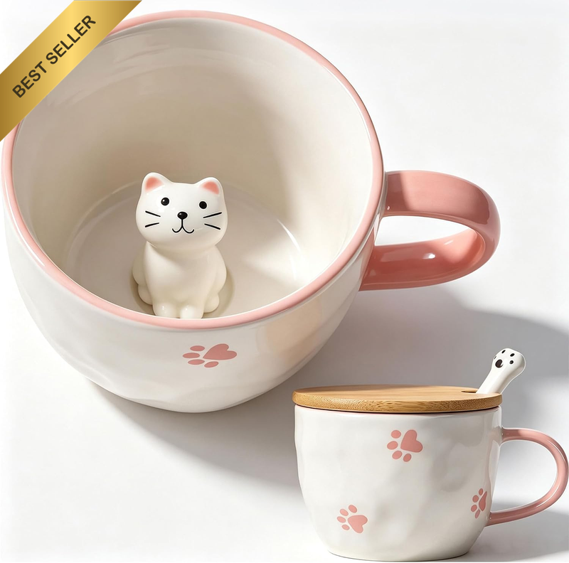 Gifts for Women Cute Cat Coffee Mug Tea Cup with Spoon Lid Kawaii Stuff Funny Co