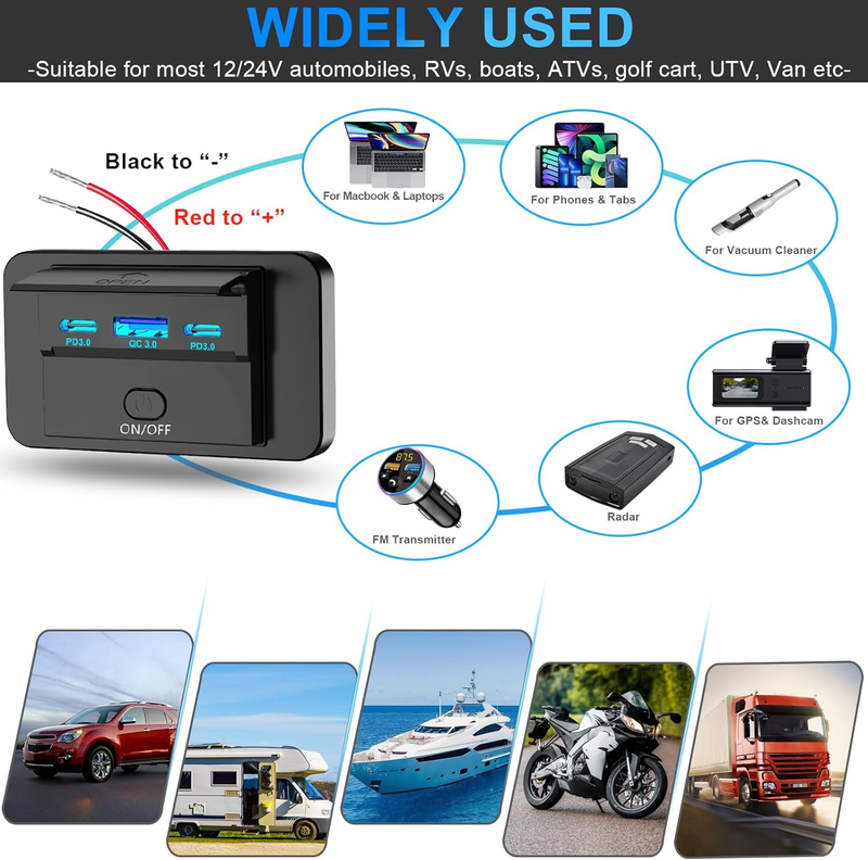 2PCS 3 Ports 12V RV USB Outlet 90W,  Dual PD3.0 Type-C Quick Charge 72W & USB QC