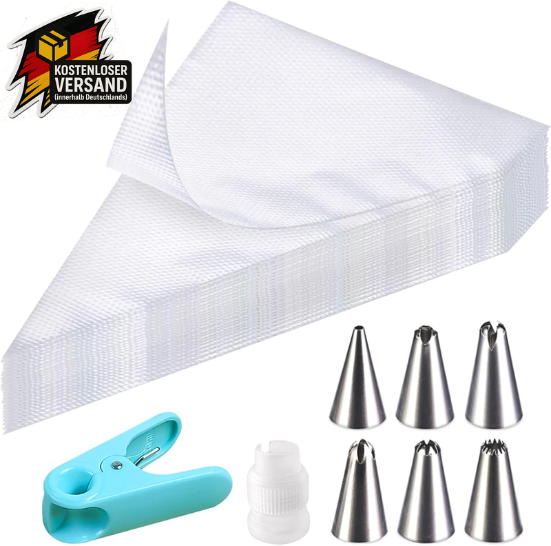 100 Stück Spritzbeutel Einweg Set, Mit 6 Verschiedenen Edelstahl Spritztüllen, 1 Kuchen Kupplung Und 1 Spritzbeutel Klammern, Für Dekorieren Von Gebäck, Torten Geeignet, Keksen, Cupcakes