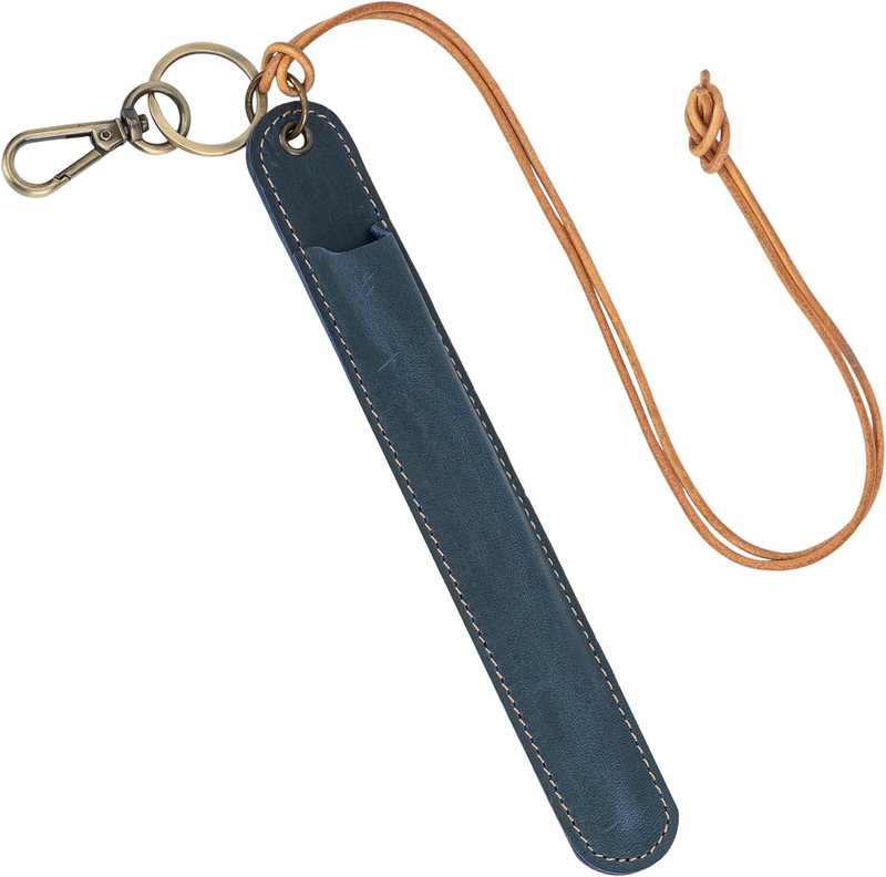 Leather Neck-Hanging Fountain Pen Case, Crazy Horse Blue – Genuine Leather Pen S
