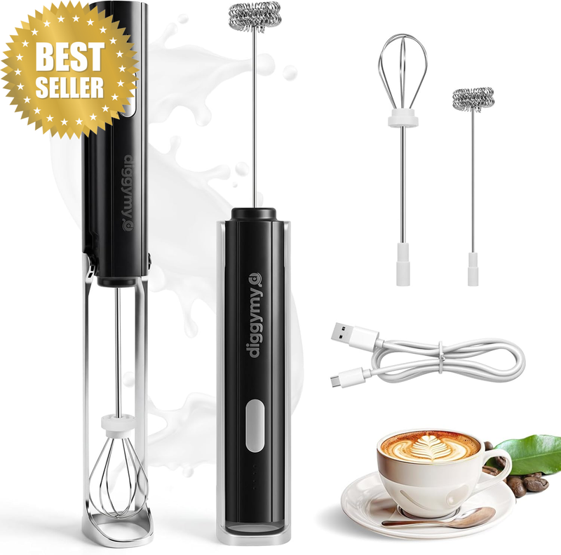 Rechargeable Milk Frother, 3-Speed Handheld Coffee Frother with Dual Whisk & Egg