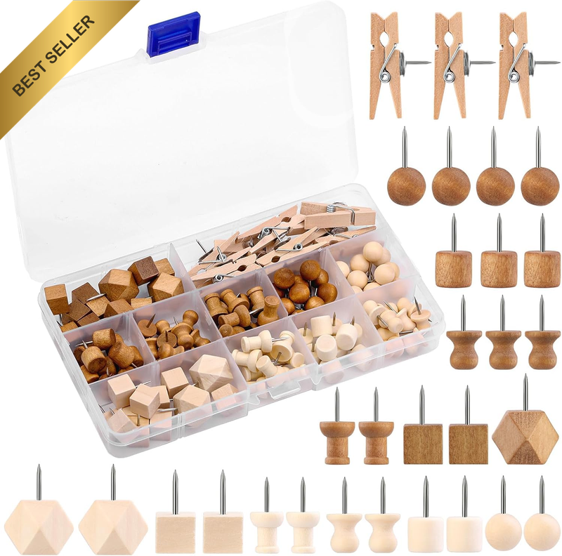114 Pcs Wood Push Pins, 2 Colors and 7 Types Decorative Thumb Tacks Wooden Head
