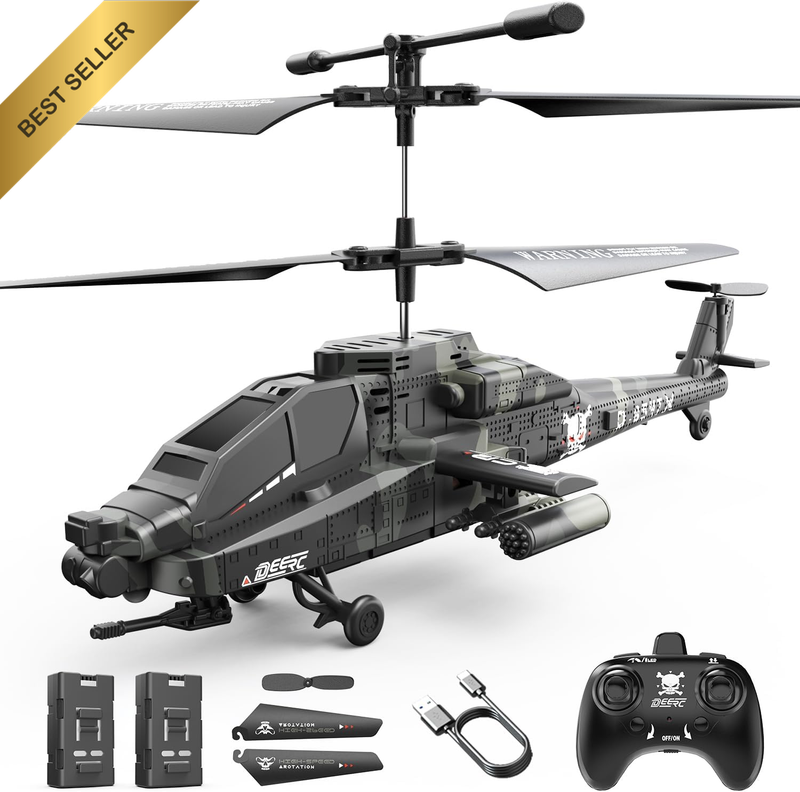 RC Helicopter Apache Military LED Lights 2 Batteries Altitude Hold USB-C
