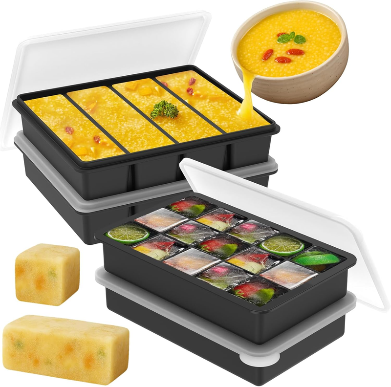 4 Pack Silicone Freezer Tray with Lid Soup Freeze Container Molds Set Soup Ice C