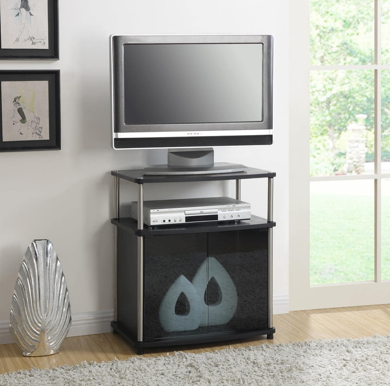 Designs2Go TV Stand with Black Glass Cabinet, Black, 23.75"L X 15.75"W X 26.75"H