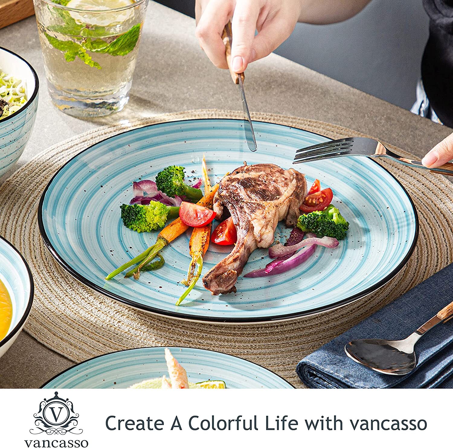 vancasso BONBON Dinnerware Set 48 Piece Stoneware Plate Bowl Set Service for 12