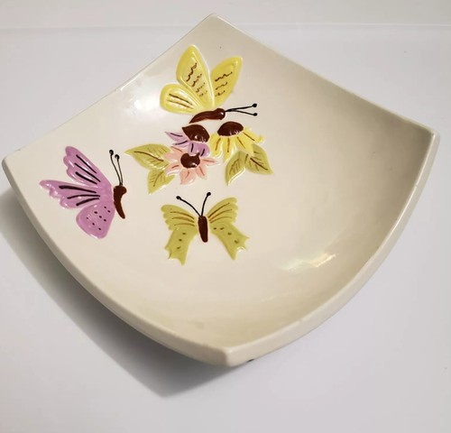 Vintage Pottery Mid-Century 1950s Square Creamic Curve Dish Butterflies & Flower