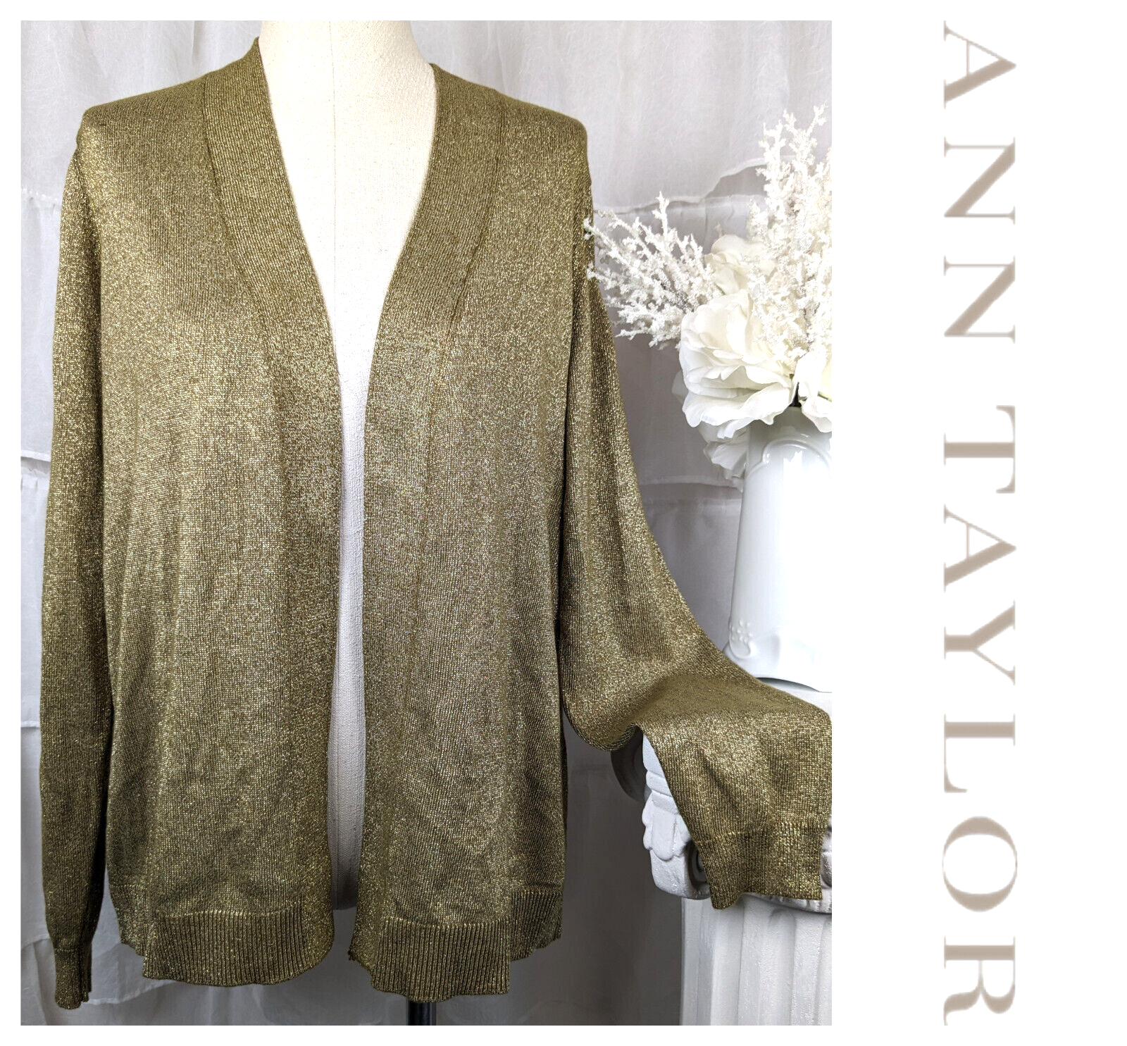 Ann Taylor Gold Sparkle Metallic Open Front Cardigan Sweater