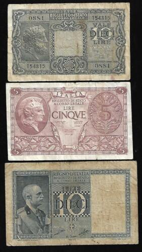 ITALY - 3 Old WWII Era Notes - 10/5/10 Lire - 1939 & 1944 - Circulated