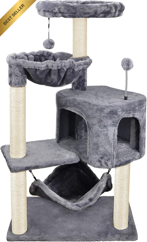 Cat Tree with Condo, Big Hammock, Sisal Scratching Posts, Plush Perch and Pom-Po
