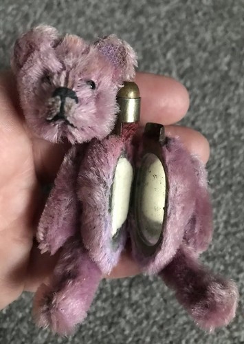 Antique Germany Mini PURPLE SCHUCO Jointed Teddy Bear Powder Compact & Lipstick