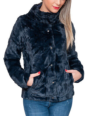 Pelliccia piumino donna invernale blu scuro pellicciotto giacca elegante