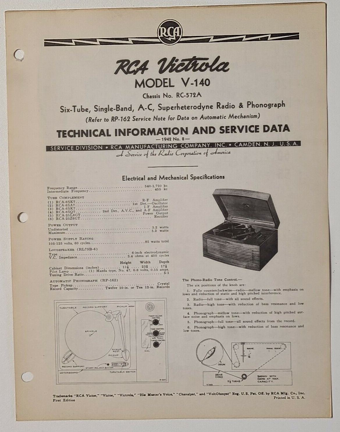 RCA VICTOR SERVICE MANUAL 1942 #8 RADIO RECORD PLAYER V-140