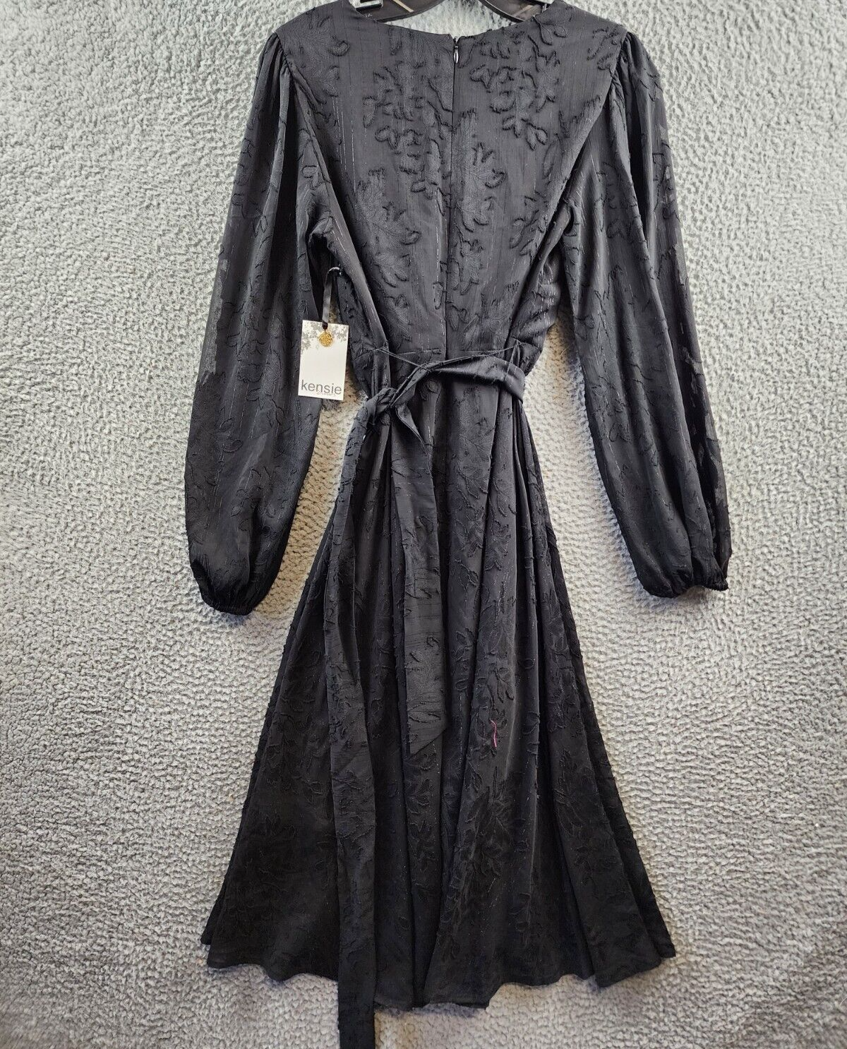 kensie V-Neck Chiffon Fit&Flare Dress Women's 2 Black Tie Waist Back Zip Closure - Picture 14 of 16
