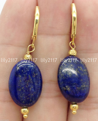 Beautiful Natural 13X18mm blue Lapis Lazuli Gemstone Gold Plated Dangle Earrings