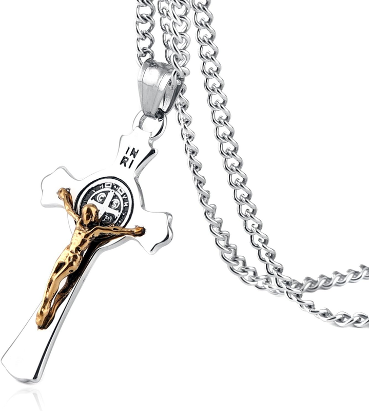 Stainless Steel Saint Benedict Crucifix Cross Pendant Necklace for Men Women Ret