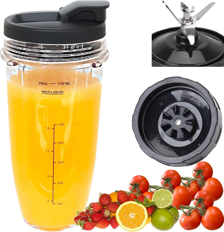 Replacement 7 Fins Male Blade&24Oz Blender Cup with Lid Compatible for Nutri Nin