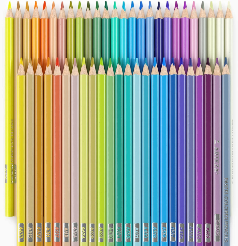 Arteza Pastel Colored Pencils for Adult Coloring, Set of 50 Drawing Pencils, Tri