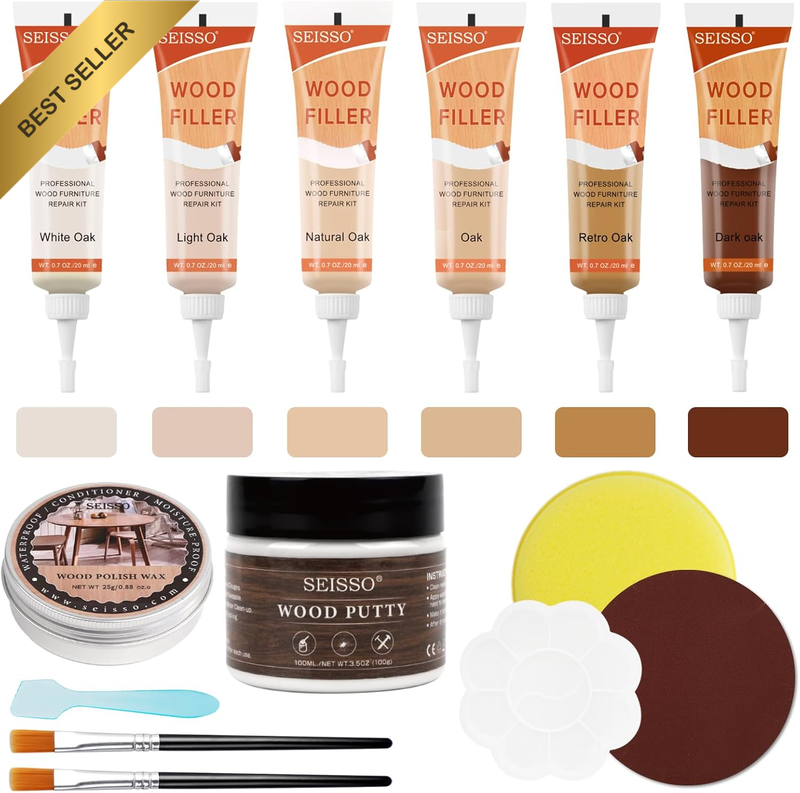 Natural Oak Wood Furniture Repair Kit, 6 Colors Wood Filler with Wood Putty, Woo