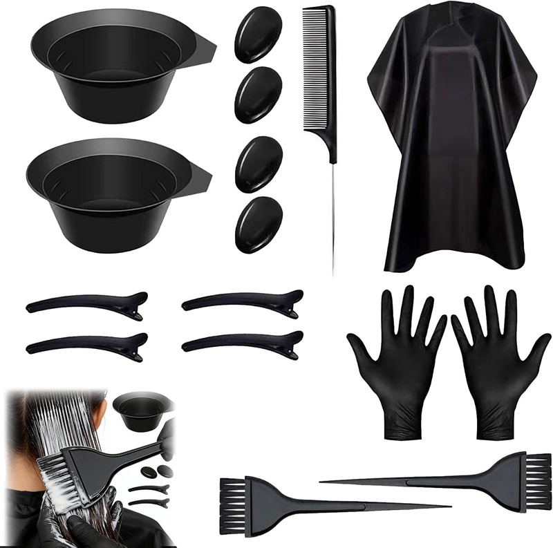 Hair Dye Kit 22 Piece Set with 2 Mixing Bowls 3 Brushes Comb 4 Clips Black Cape