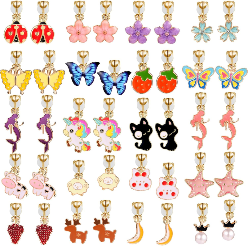 Clip On Earrings for Girls 20 Pairs Non-Pierced Unicorn Butterfly Flower Kids