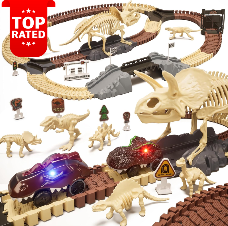 Dinosaur Train Race Track Set 188 PCS with Cars Lights Fossil Skeletons Toys