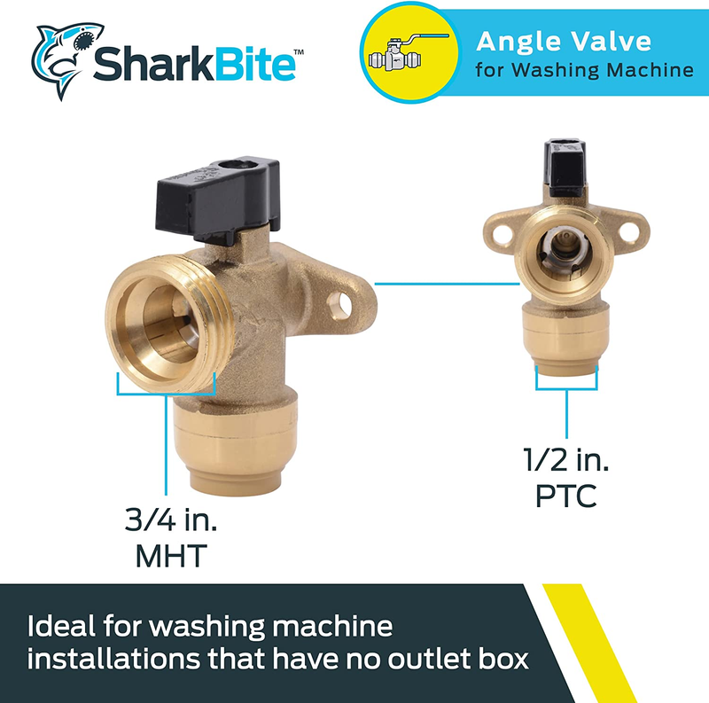 1/2 Inch x 3/4 Inch MHT Washing Machine Angle Valve, Push to Connect Brass Plumb