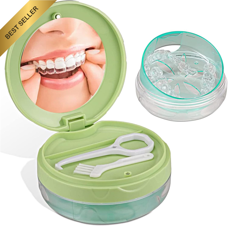 Denture Box Leak-Proof Dental Retainer Case, Portable Denture Bath with Mirror,