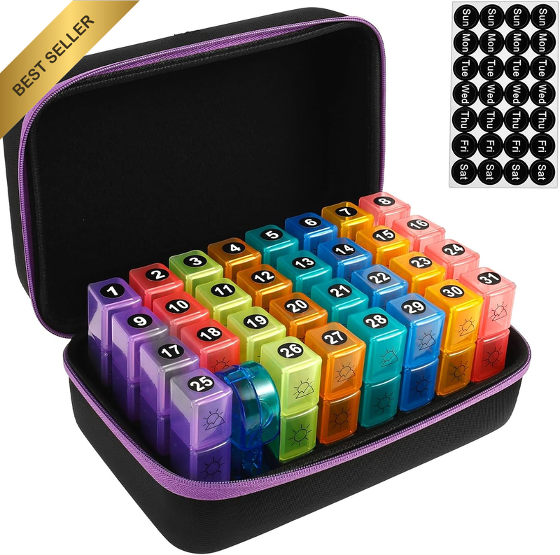 31-Day Monthly Pill Organizer with Portable Case, 3 Times a Day Medicine Box for
