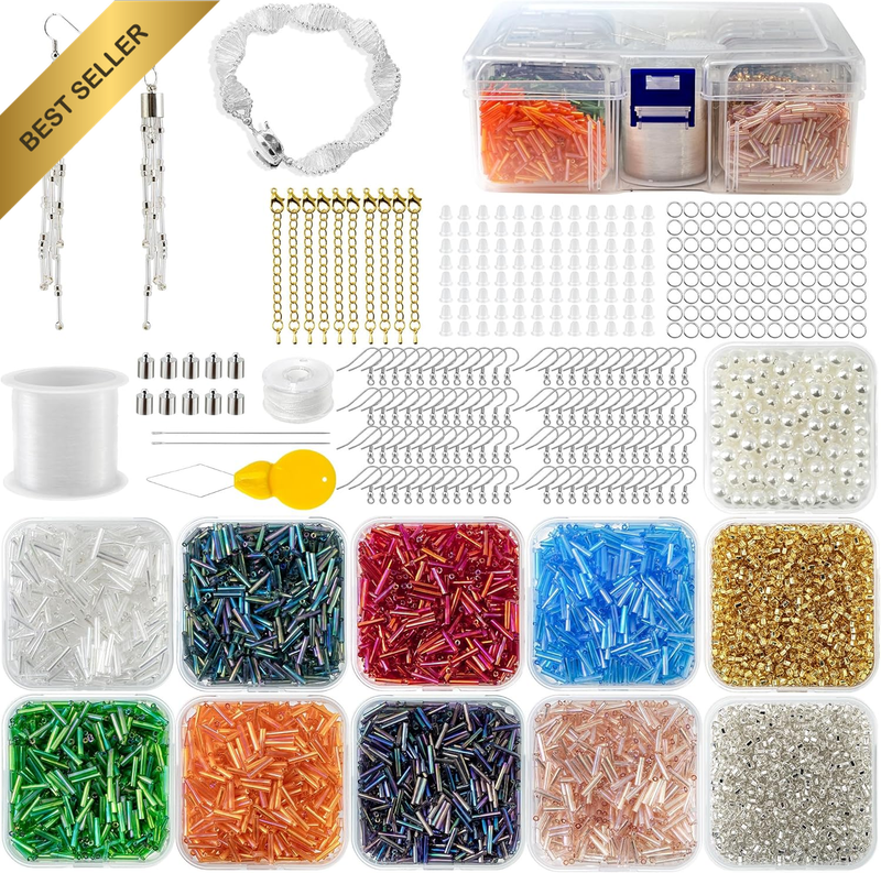 6112Pcs 2X9Mm Long Glass Tube Beads for Jewelry Making,Beading Starter Kit with