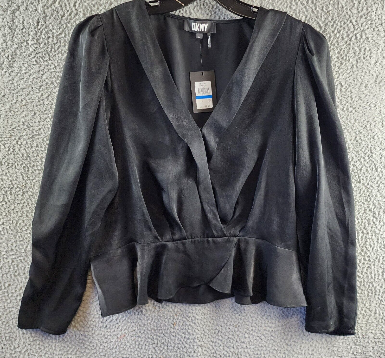 DKNY Surplice V-Neck Shirred Shoulder Peplum Top Women's XL Black Long Sleeve - Picture 2 of 15