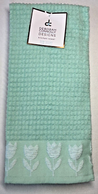 DEBORAH CONNOLLY KITCHEN TOWELS (3)TULIPS AQUA WAFFLE 16 X 18 LYOCELL COTTON NIP