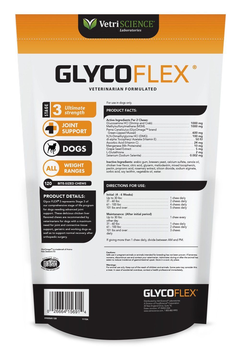 VetriScience Laboratories GlycoFlex 3 Hip and Joint Support for Dogs, 120 Bite