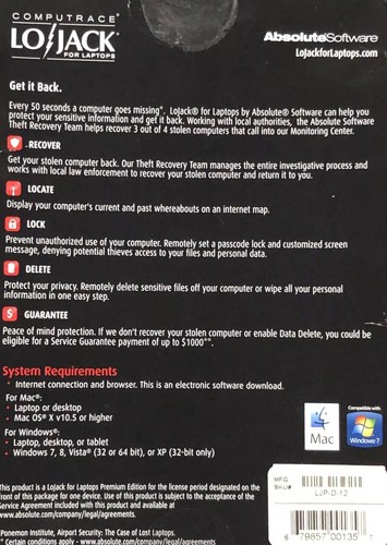 Premium Lojack For Windows 7, 8, Vista Or XP.           Mac OS X V10.5 or Higher