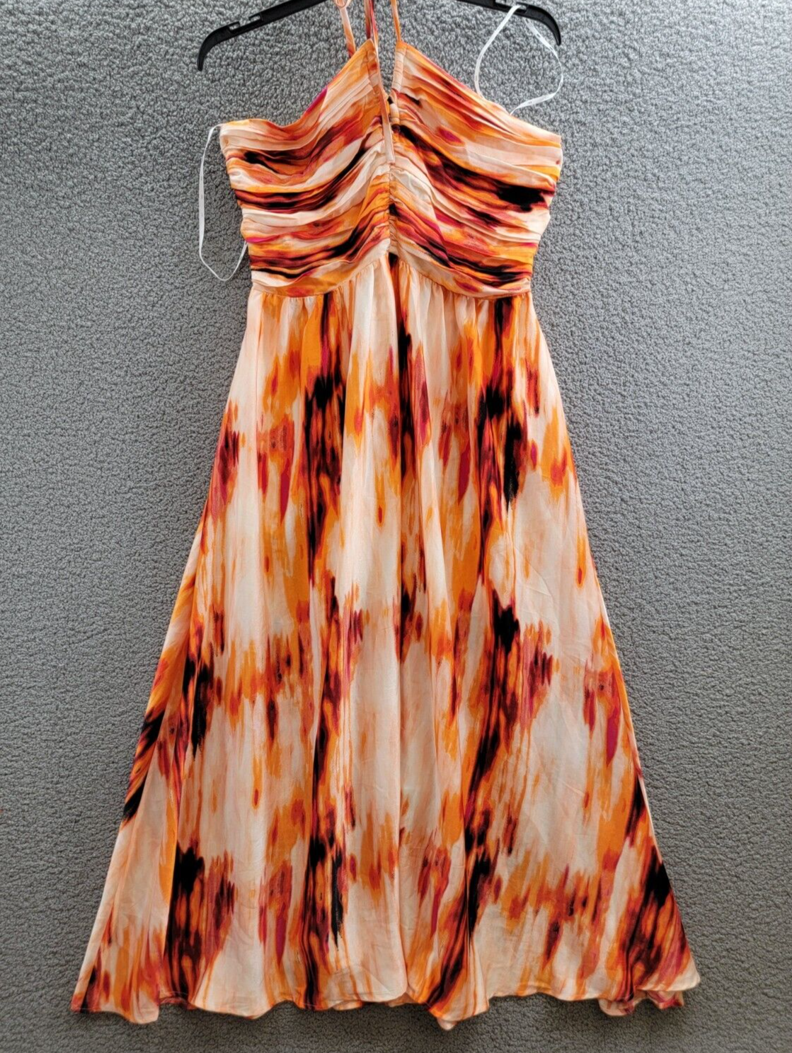 DKNY Printed Satin Strappy Halter Maxi Dress Women's XL Orange Blossom Back Tie - Picture 2 of 15