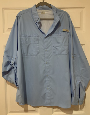 Columbia PFG Sz XL Light Blue Button Down Roll Tab Long Sleeve Vented Shirt EUC