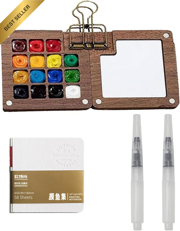 Miniature Watercolour Palette Set with 15 Compartment Wooden Case, Two Water Bru