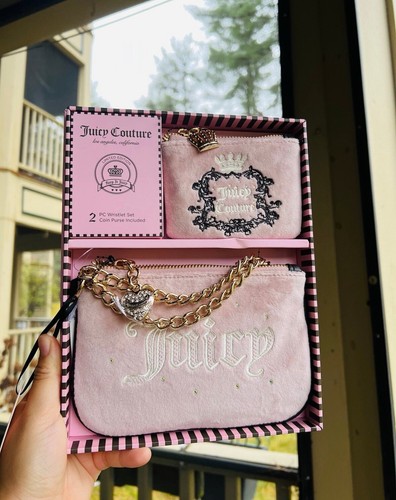 Juicy Couture 2 Pcs Wristlet Set - Dusty Pink Heritage Velvet Coin
