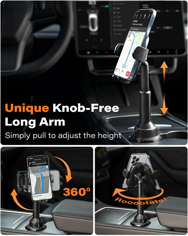 Universal Car Cup Phone Holder with Quick Extension Long Arm, Quick Swivel Heigh