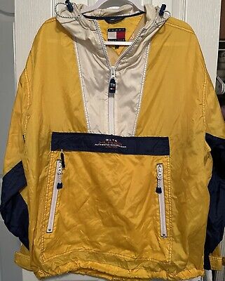 Vintage Jackets, Retro Style Jackets Tommy Hilfiger Vintage Yellow Windbreaker With Hoodie Sailing Jacket Size L $25.00 AT vintagedancer.com