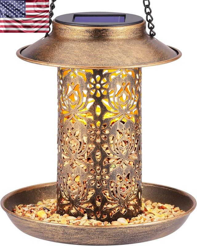 Solar Garden Lantern Hanging Bird Seed Platform Metal Patio 