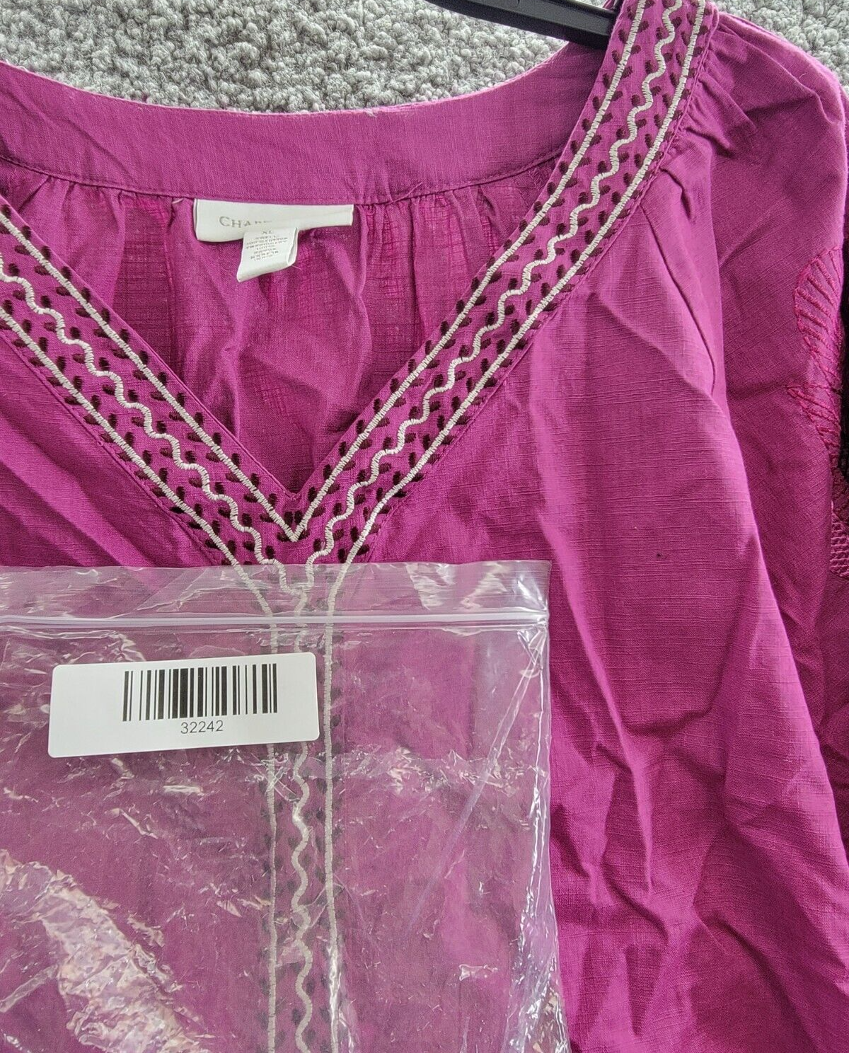 Charter Club Embroidered Bubble-Sleeve Top Women's XL Fuchsia V-Neck 3/4 Sleeve - Picture 16 of 16