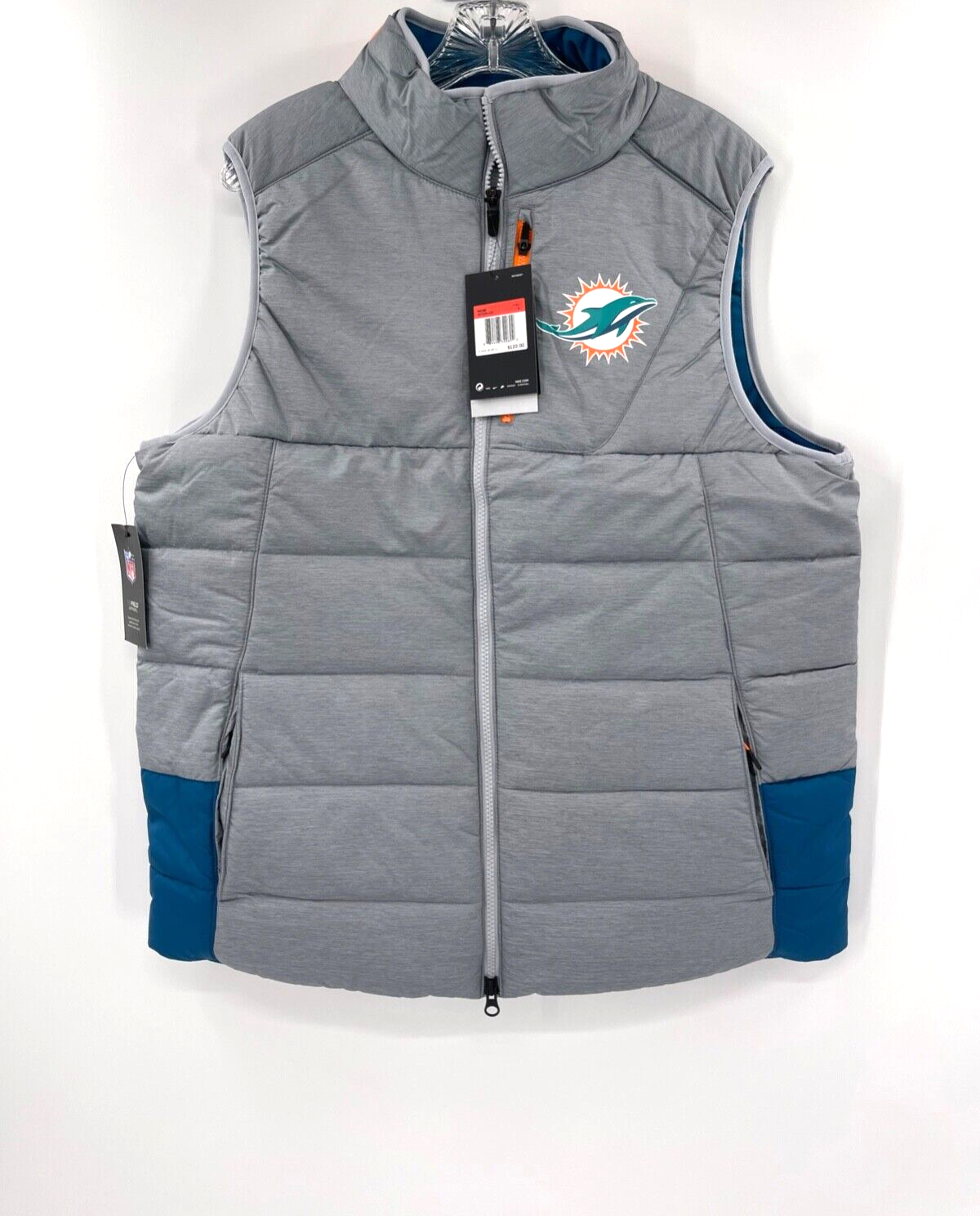 MIAMI DOLPHINS GREY NIKE FULL ZIP PUFFER VEST W/POCKETS BRAND NEW SZ-LARGE