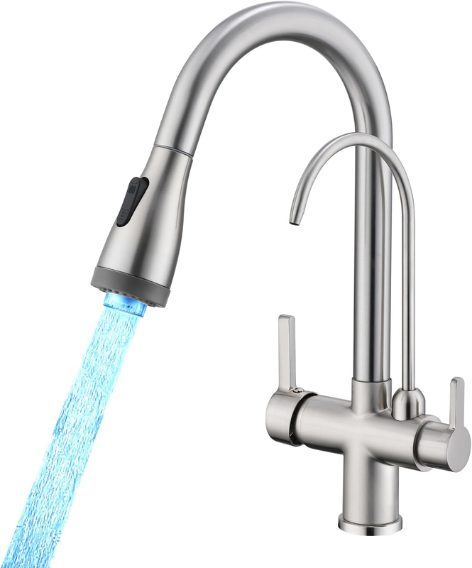 3-Way Kitchen Sink Faucet: 2-Handle 3-In-1 Pull down Style with Dedicated Drinking Water & Water Filter Faucets LED Light, Brushed Nickel