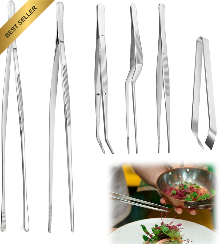 6Pcs Kitchen Fine Tweezer Tongs, 6.3'' and 12'' Stainless Steel Food Tweezers Se