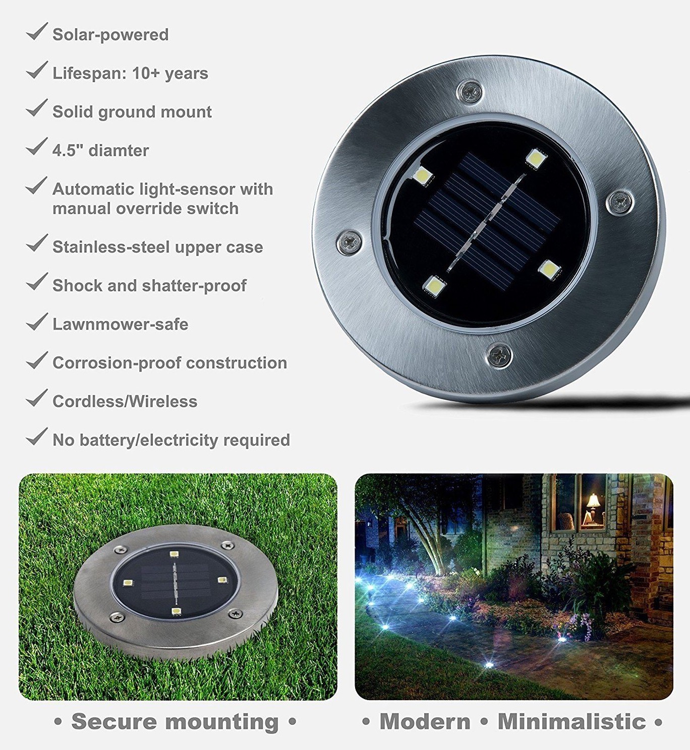 Bell + Howell Solar Powered 4 LED Outdoor Disk Lights 3 Colors & Size