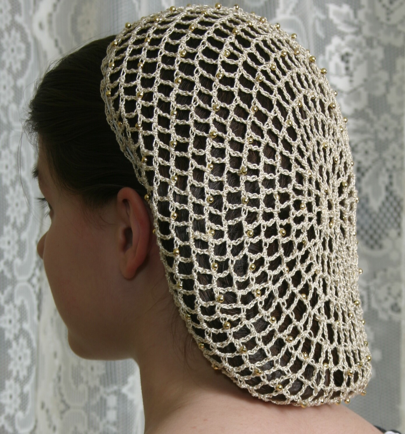 Beaded Hair Snood: Metallic/Cotton with beads on every other Beaded Hair Snood: Metallic/Cotton with beads on every other
