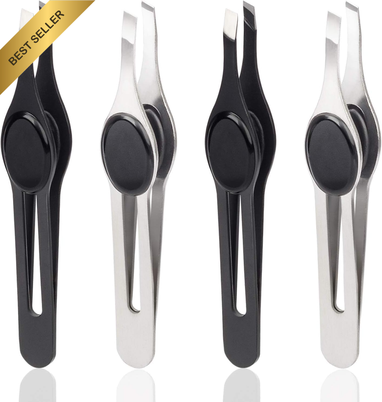 4 Pack Slant Tip Tweezers for Eyebrow, Non-Slip Grip Slant Tip Tweezers, Profess